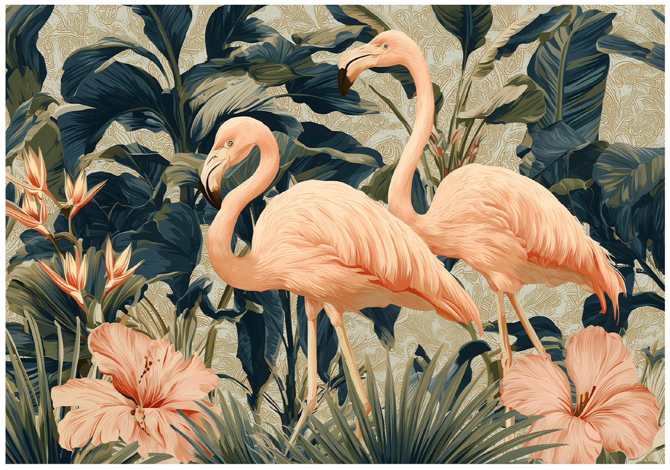 Flamingo, leaves, flowers, green wall mural for the bedroom or living room
