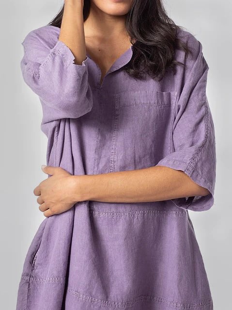 Fashion V-Neck Loose Pocket Mid-Sleeve Mid-Sleeve Cotton Linen Dress