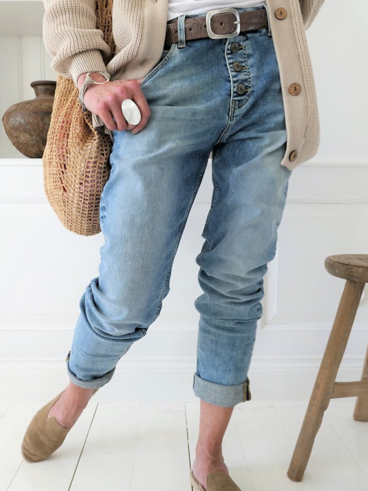 Loose Buttons Pockets Mid Waist Polyester Jeans Pants