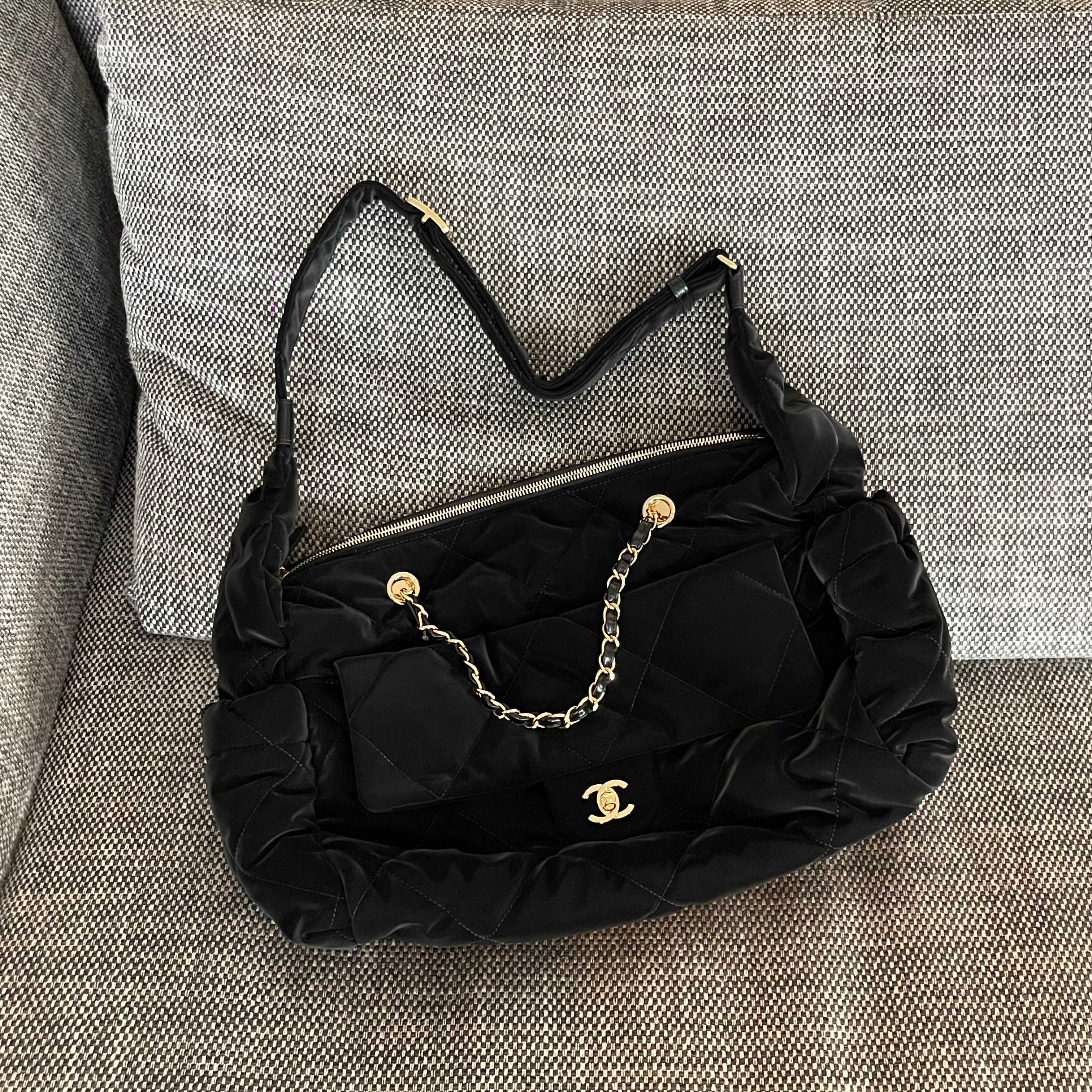 24N Coco Neige Large Hobo Bag in Black Satin Nylon (Gold Hardware) - Mocuir