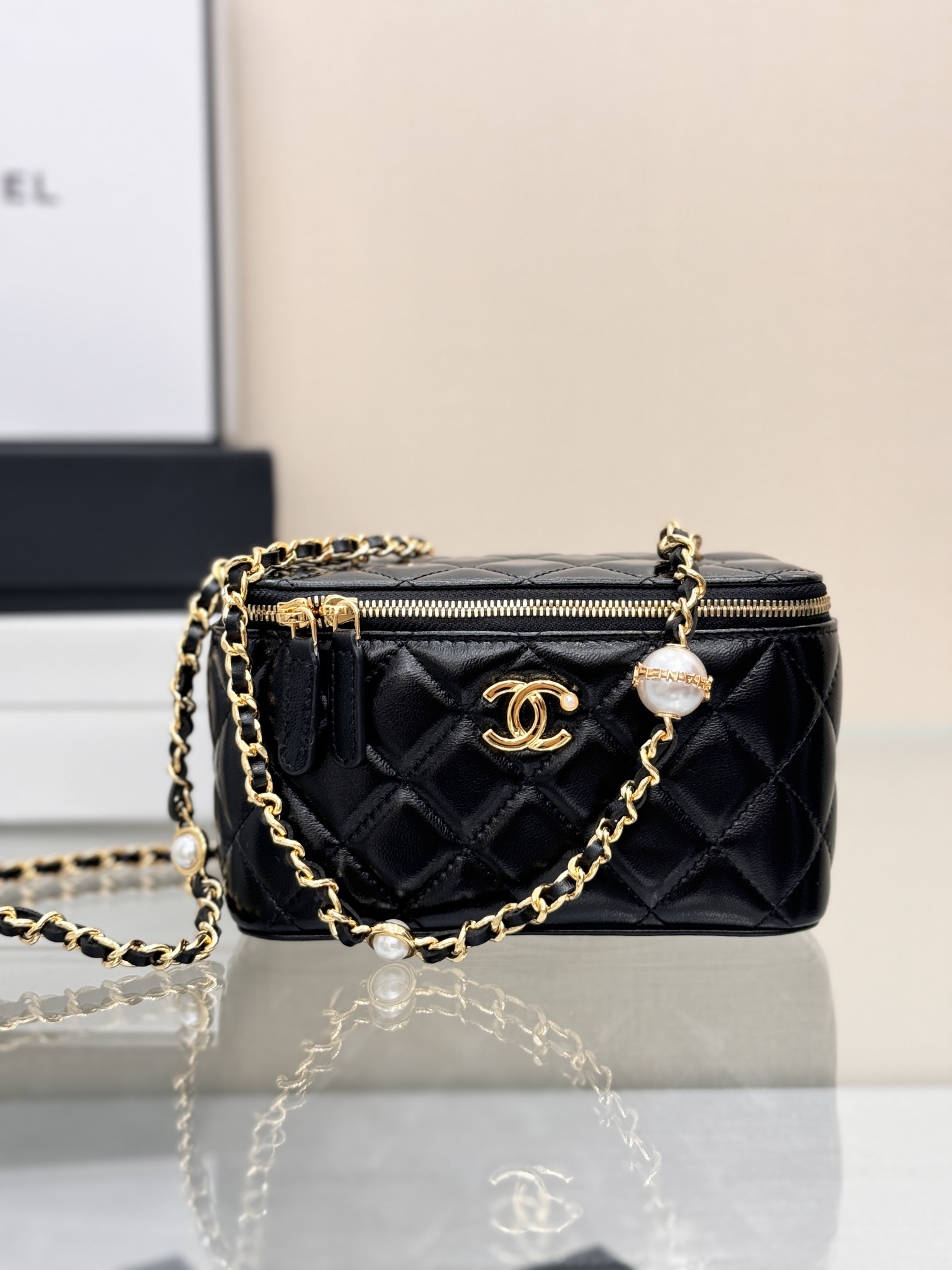 Long Vanity Case with Chain & Pearl Detail in Black Quilted Lambskin with Light Gold-Tone Hardware - Mocuir