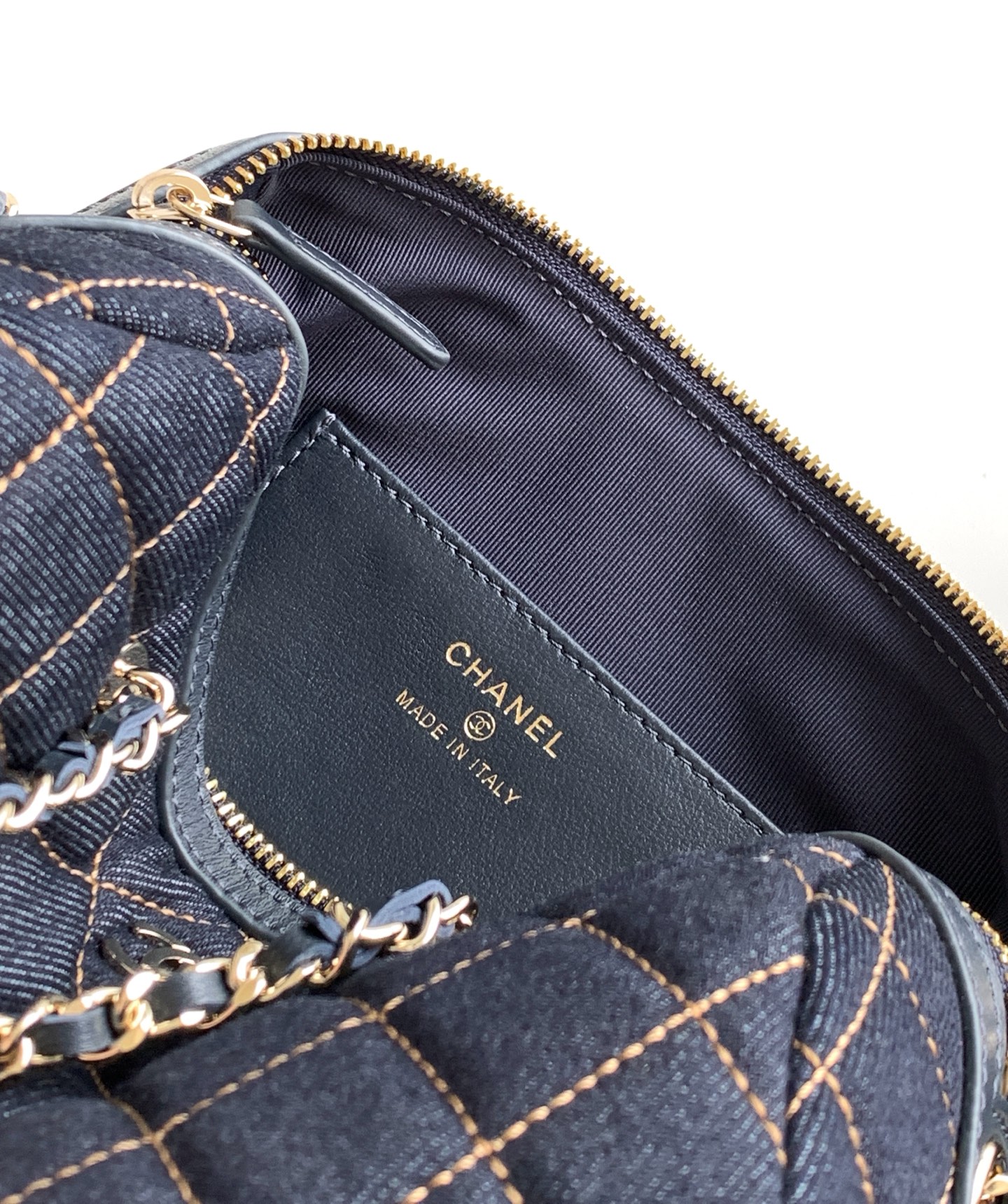 26P Pre-Collection Denim Quilted LP Lunch Box Bowling Bag in Dark Blue with Gold Hardware (Model AS4836) - Mocuir