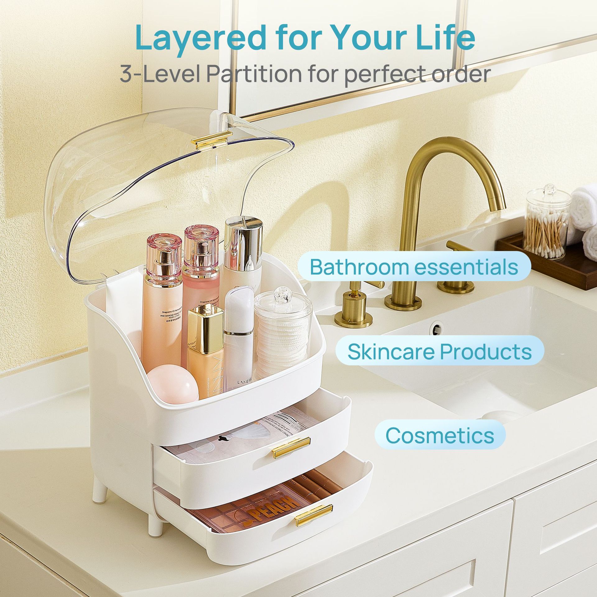 Cosmetics storage box desktop drawer dresser lipstick perfume mask skin care finishing box with lid dust storage.