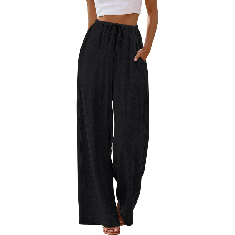 Wide Leg Pants for Women Flowy Palazzo Drawstring Elastic Waist Trousers with Pockets Summer Beach Vacation Clothes