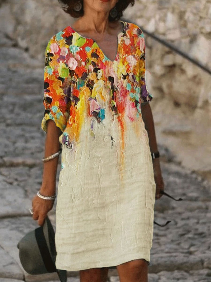 Fashion Oil Painting Printed V-neck Long Sleeve Casual Shift Dress