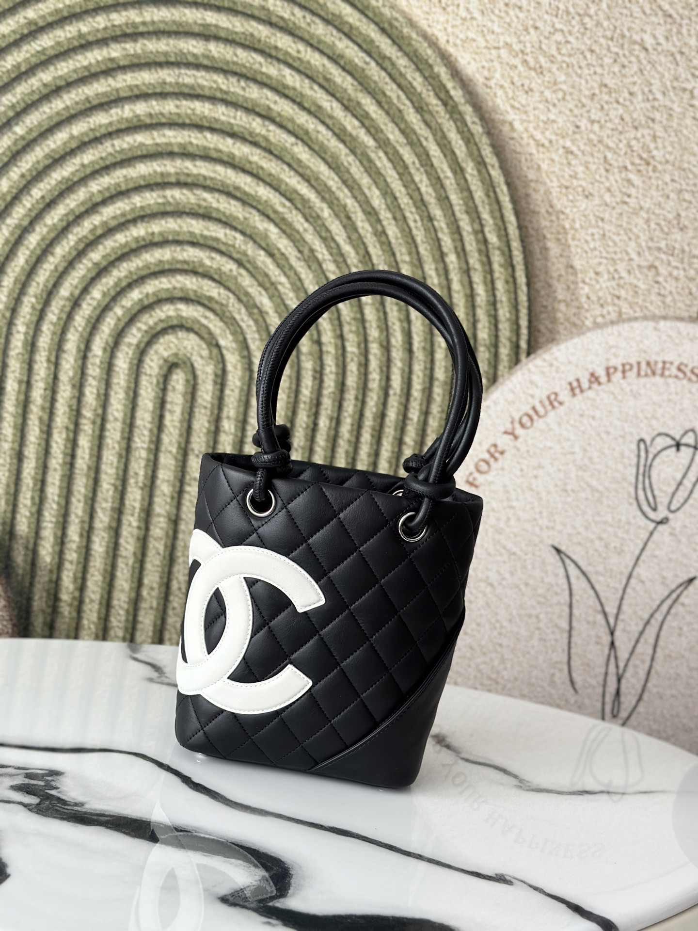 Black & White Quilted Cambon Mini Tote Bag with Contrast CC Logo - Mocuir