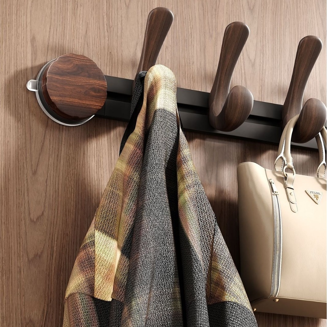 Sliding Hook Behind the Suction Cup Door, Walnut Color, Antique Style Entry Door, No Punching, Wall Hanging Clothes Hanger, Clothes Hook