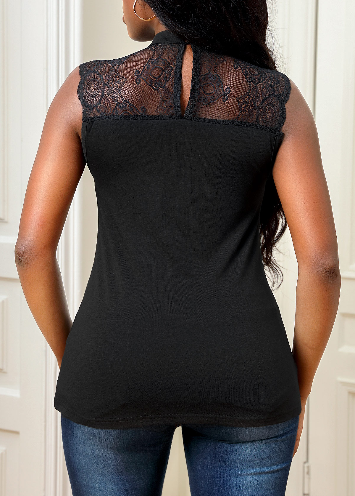 Cage Neck Black Lace Stitching Tank Top