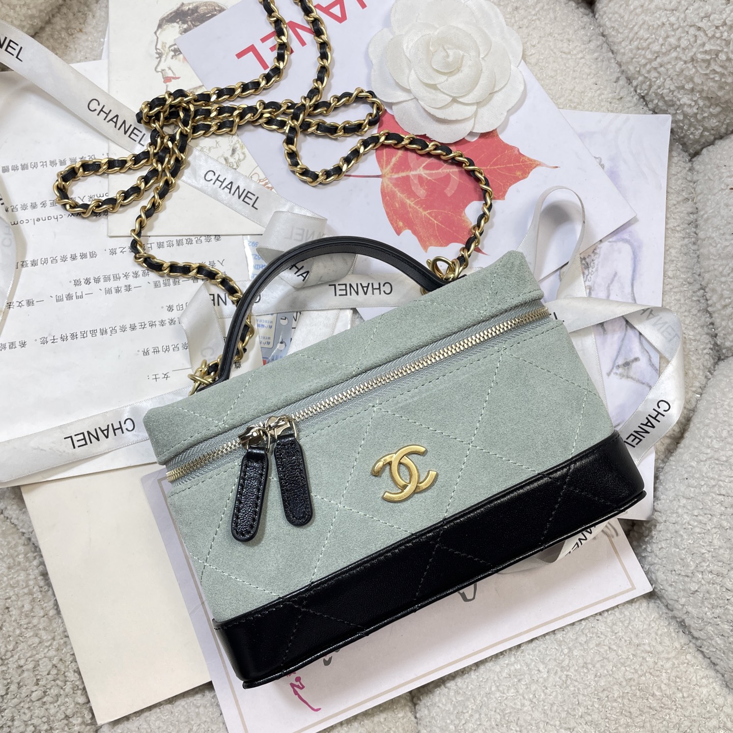 26S Slim Vanity Case with Chain in Mint Green Suede & Black Lambskin with Gold-Tone Hardware - Mocuir