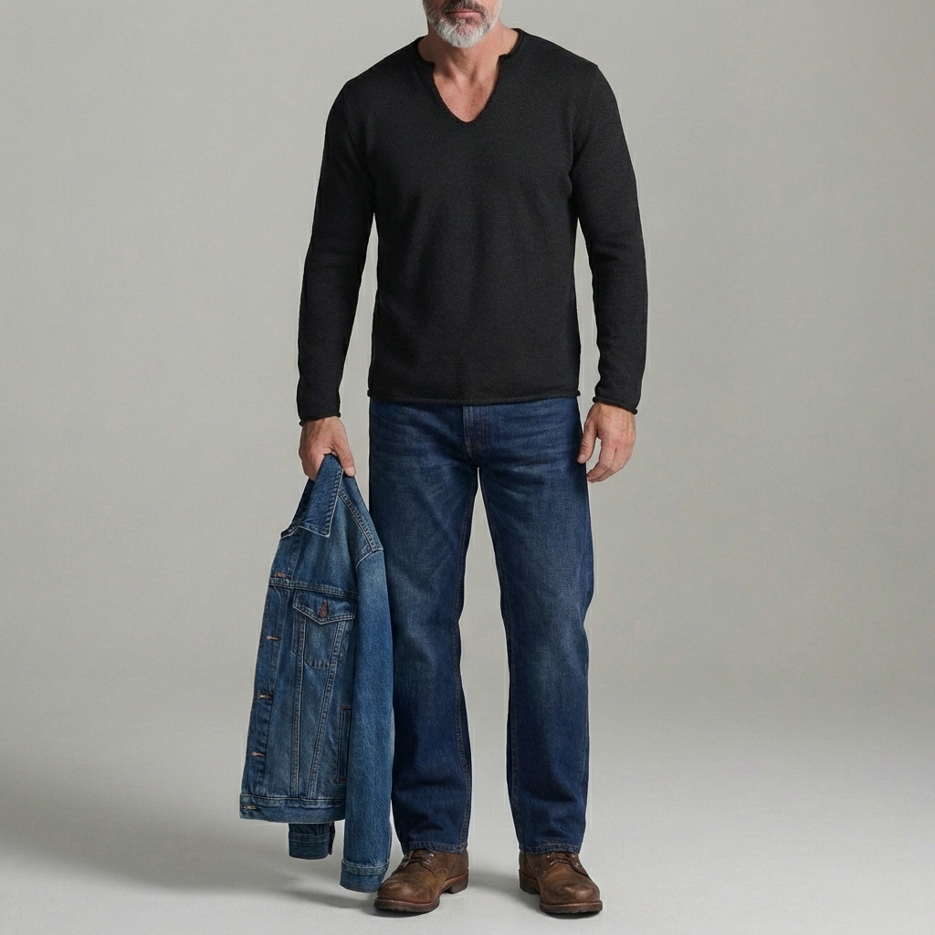 Men's Casual Solid V Split Neck Long Sleeve Knit Sweater