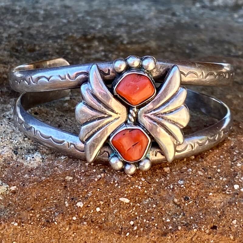 Navajo Stamped Sterling Silver Cuff Bracelet Red C0ral