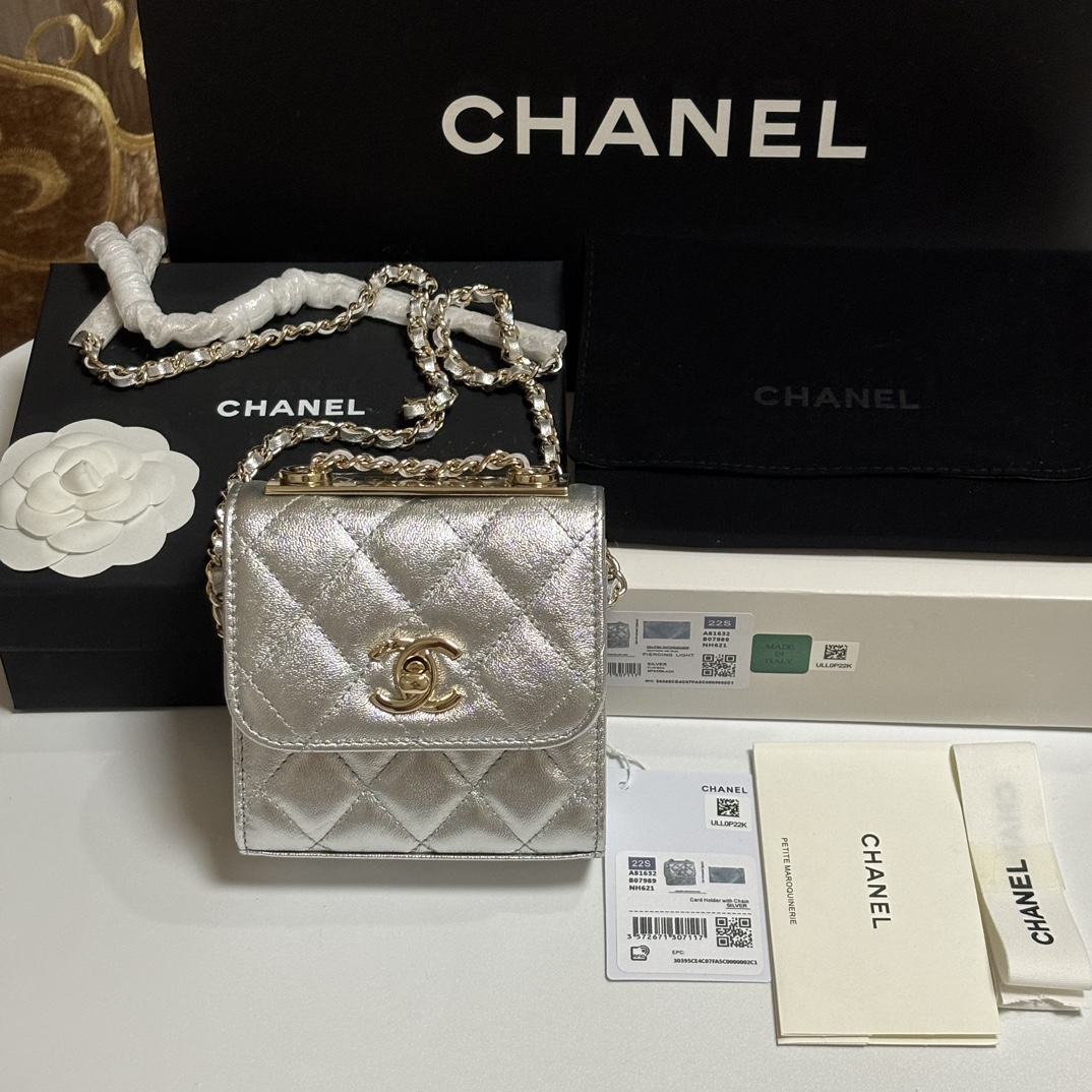 Trendy CC Mini Quilted Metallic Lambskin Shoulder Bag in Metallic Silver (Gold Hardware) - Mocuir