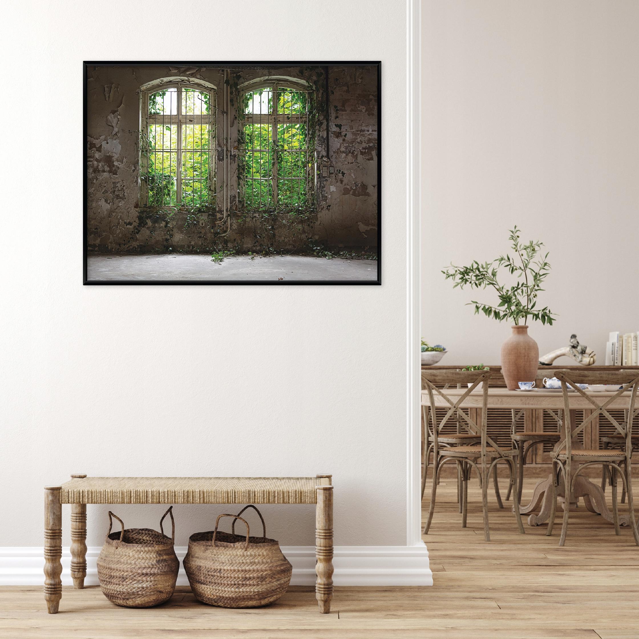 Black-framed canvas painting: 3D window, forest, building, living room, bedroom, 40x30