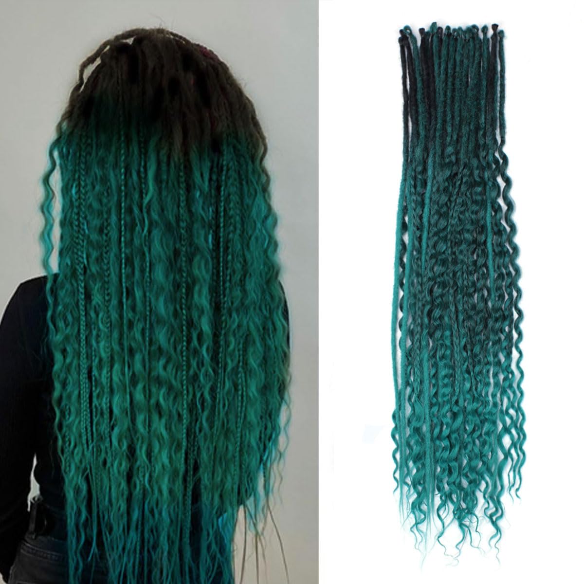 24 Inch 3 In 1 Dreadlock Extensions Sets, 30 Strands Mixed Ombre Green Synthetic SE Dreads Extensions, 100% Handmade Soft Single Ended Curly Boho Wavy Dreads for Girls