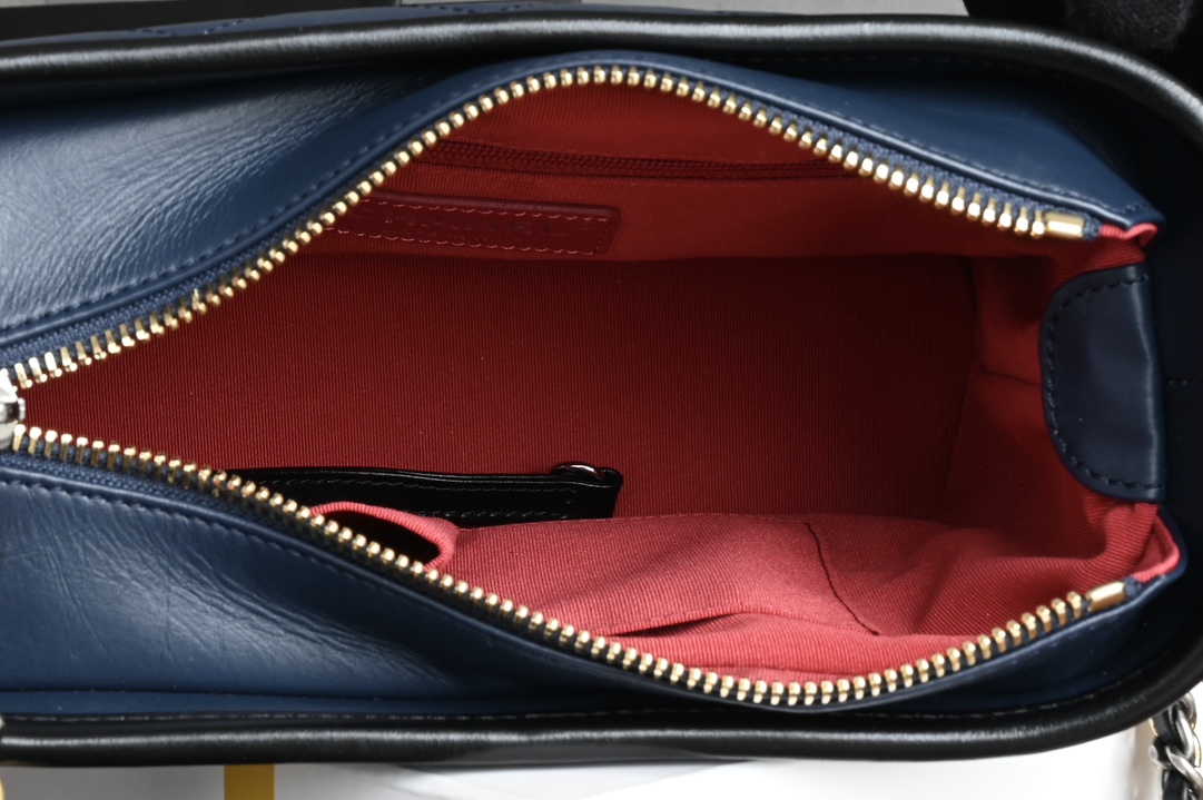 Small Gabrielle Hobo Bag in Navy Blue and Black Quilted Aged Calfskin with Gold-Tone and Silver-Tone Metal (Model A91810) - Mocuir