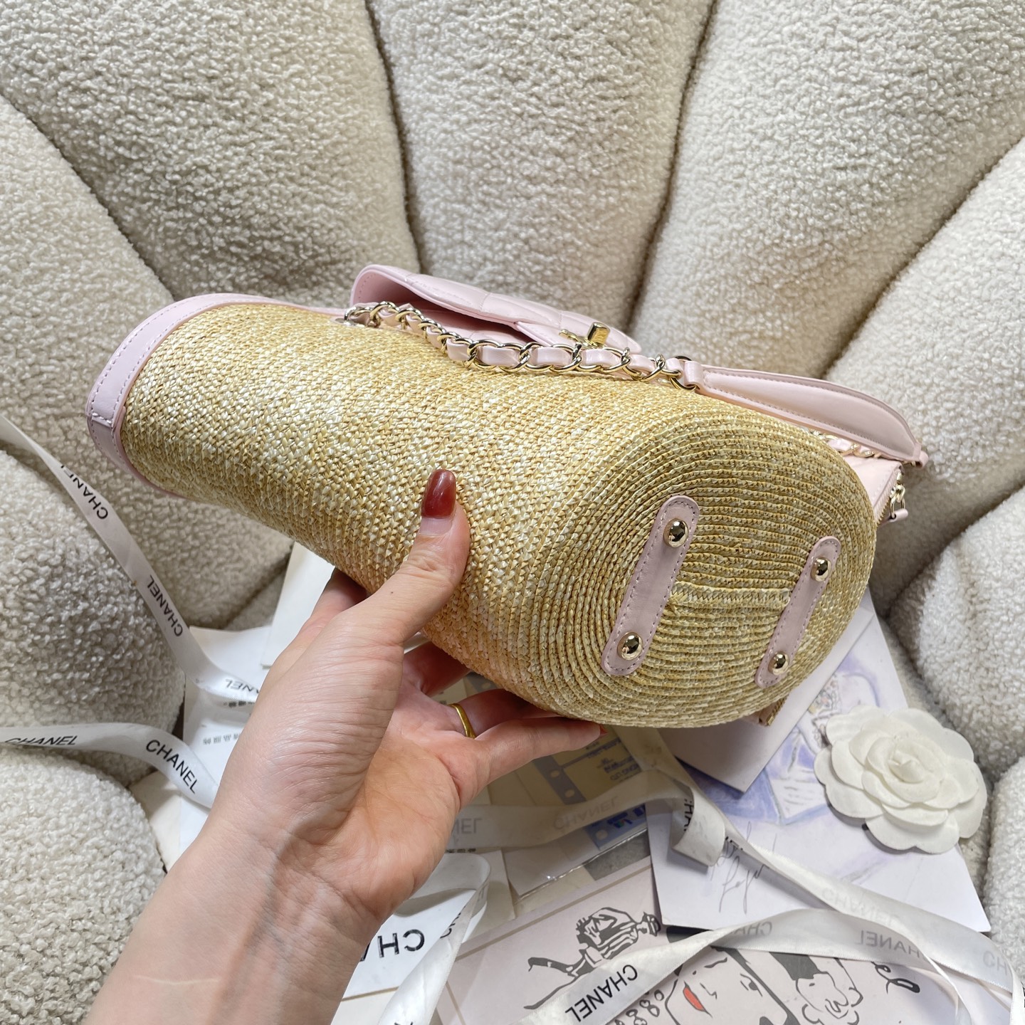 Straw & Lambskin Tote Bag with Pouch in Sakura Pink with Gold-Tone Hardware, 25C Cruise Collection - Mocuir