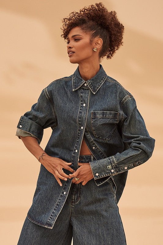 ‌Drop-Shoulder Curved Hem Denim Shirt‌