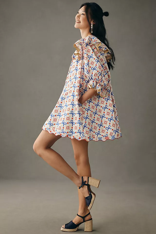 Elegant Short-Sleeve Collared Mini Dress BLUE MOTIF