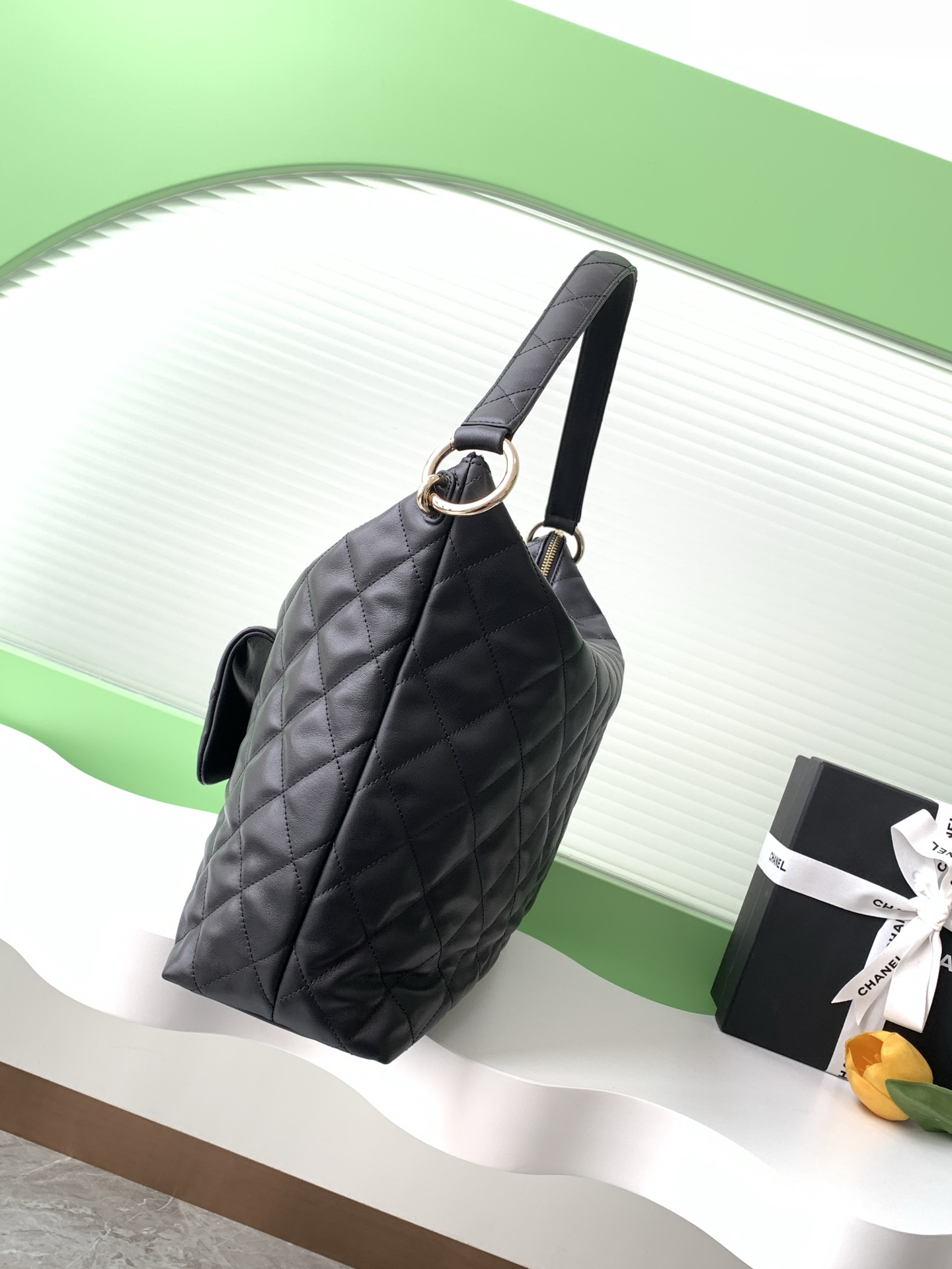 Large Hobo Travel Bag in Black Quilted Calfskin with Light Gold-Tone Hardware - Mocuir