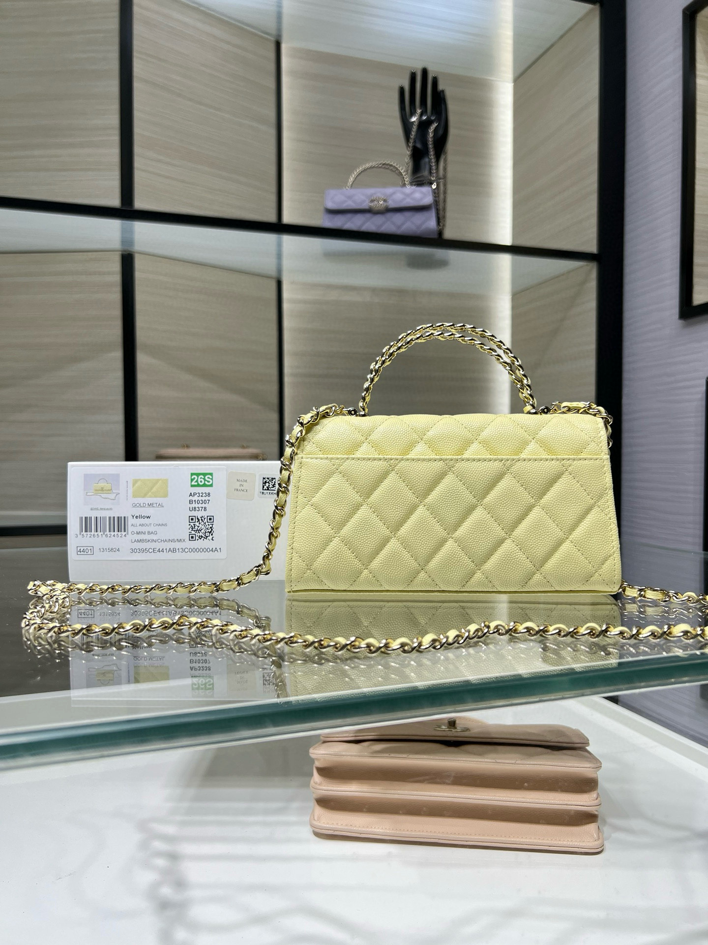 26S Spring-Summer Collection AP3238 Mini Top Handle Flap Bag in Yellow Quilted Grained Calfskin (Caviar) with Gold-Tone Hardware - Mocuir