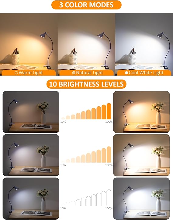 Desk Lamp Clip on Lamp for Bed Headboard LED Reading Light for Bed