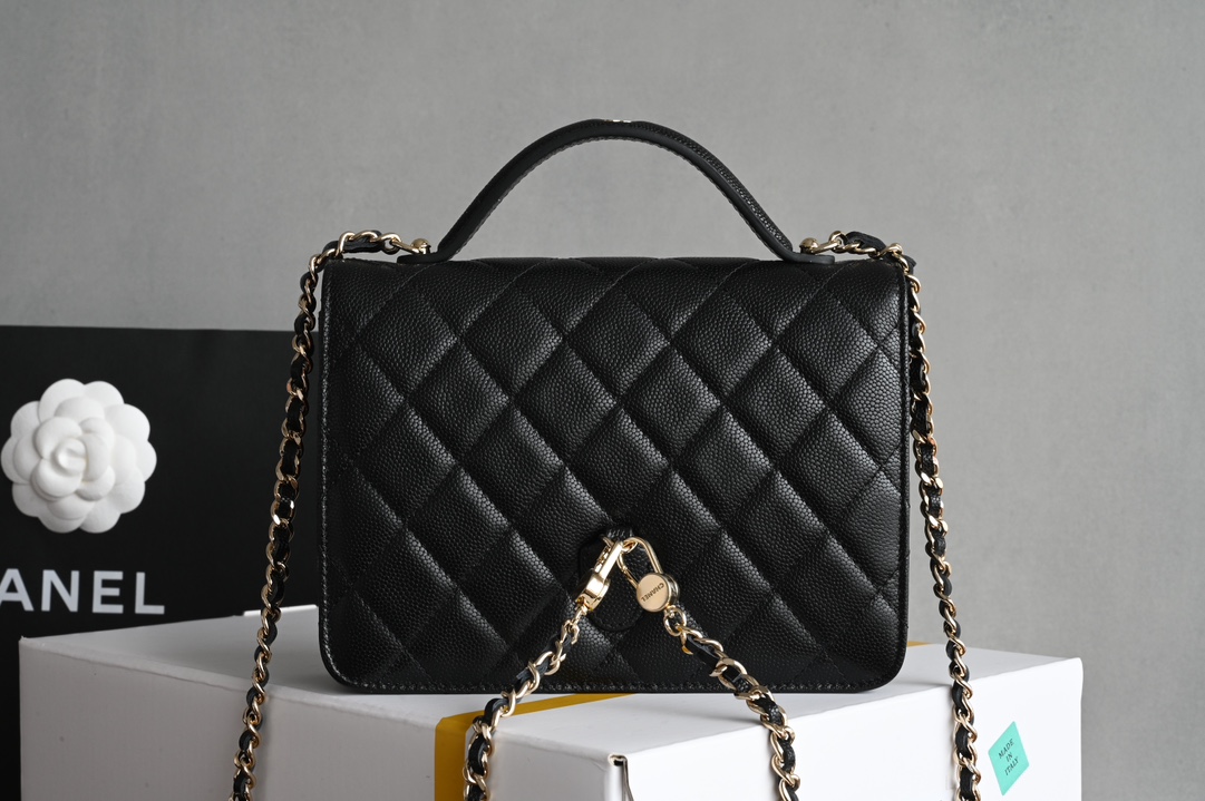 Classic Flap with Top Handle in Black Quilted Grained Calfskin (Caviar) with Light Gold-Tone Hardware - Mocuir