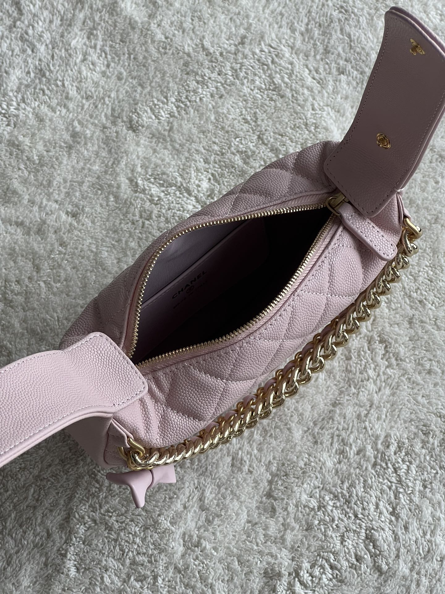 24S Half Moon Hula Hoop Bag in Pink Quilted Caviar Leather with Light Gold-Tone Hardware and Bow Detail - Mocuir