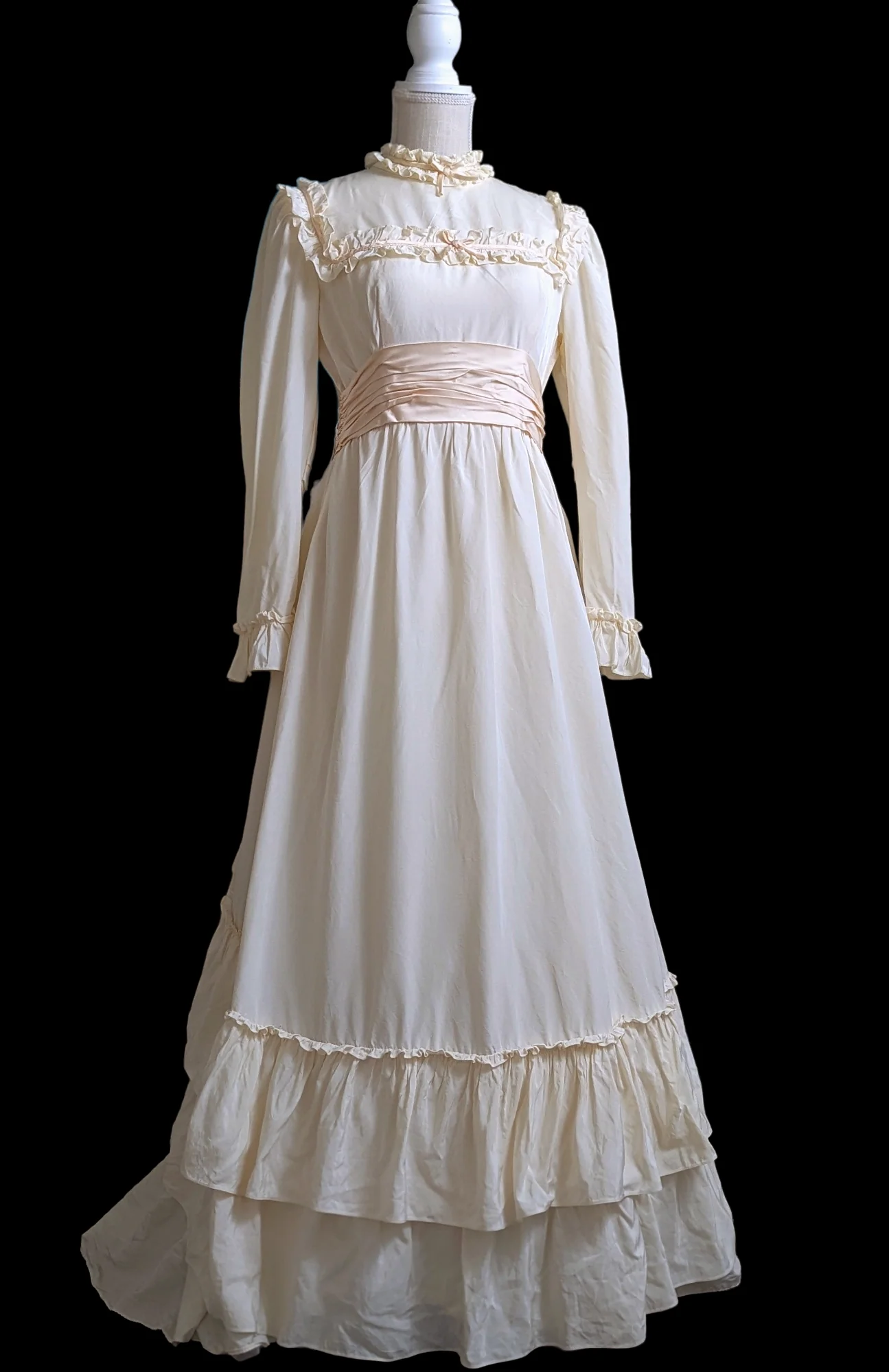 1960s Prairie Cottagecore Wedding Dress with Pink Satin Bows, Trimmings and Soft Ruffles