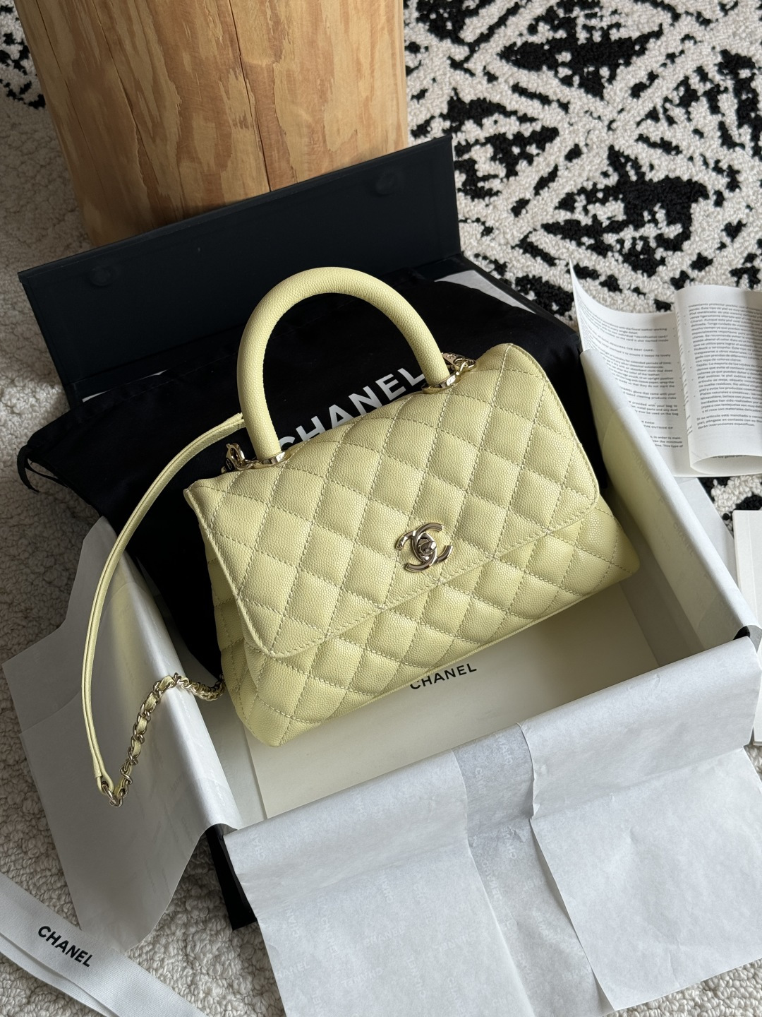 Small Coco Handle Flap Bag in Yellow Quilted Caviar Leather with Light Gold-Tone Hardware - Mocuir