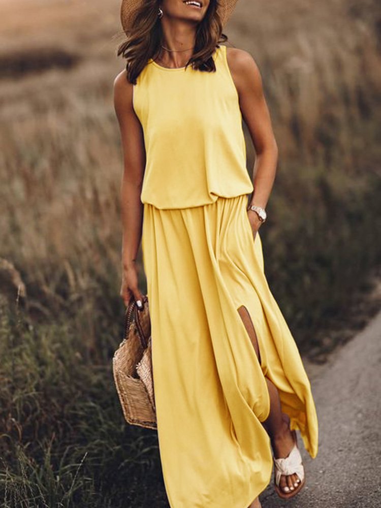 Holiday Cotton-Blend Solid Round Neck Dresses
