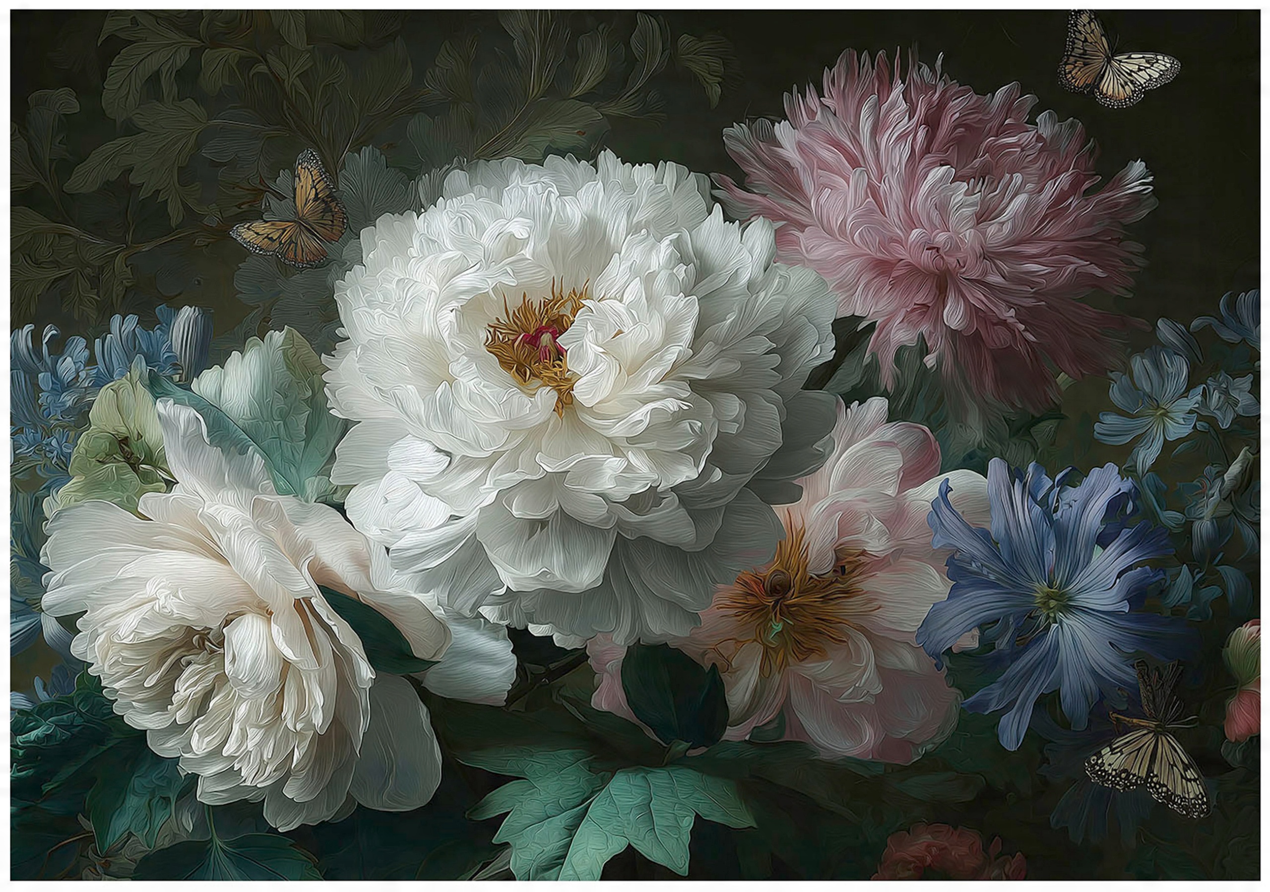 Peony flower wall mural on a black background for the bedroom or living room