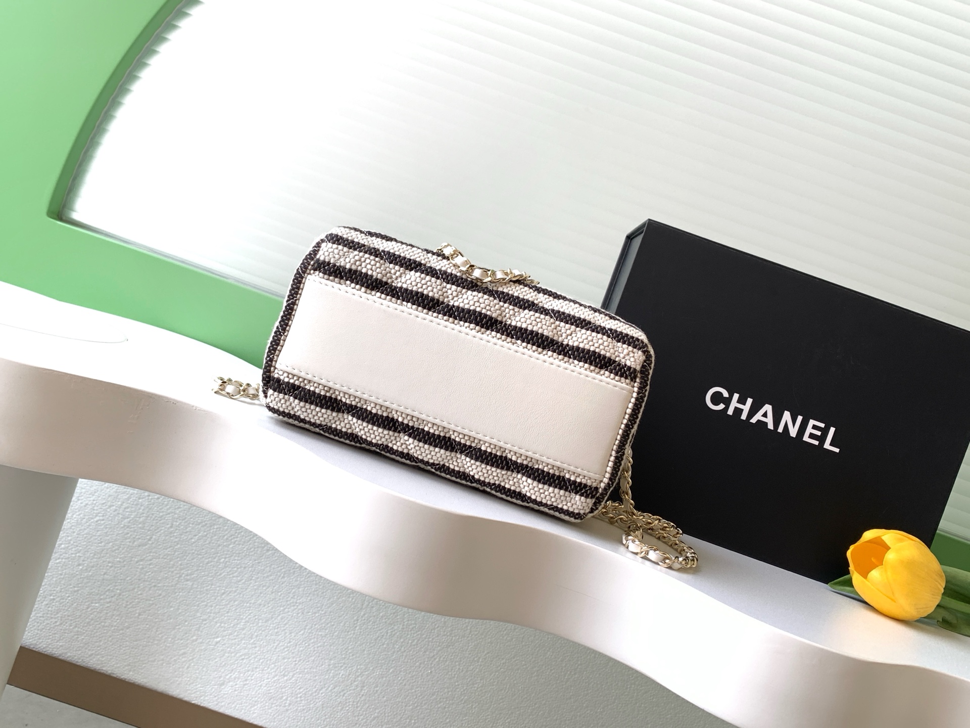 Deauville Striped Quilted Box Bag Vanity Case in Black with Light Gold-Tone Hardware - Mocuir