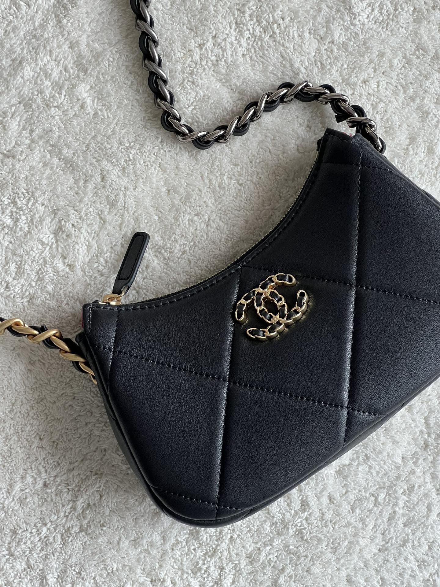 19 Half Moon Hobo Bag in Black Quilted Lambskin with Gold-Tone and Ruthenium-Finish Hardware - Mocuir