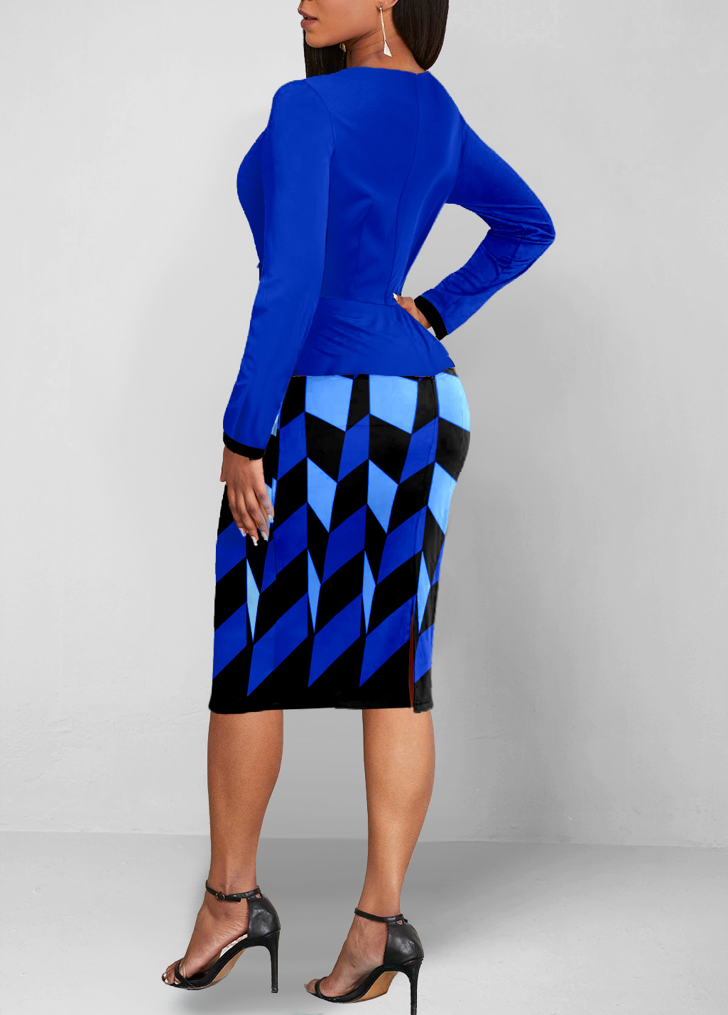 Geometric Print Bodycon Dress and Royal Blue Cardigan