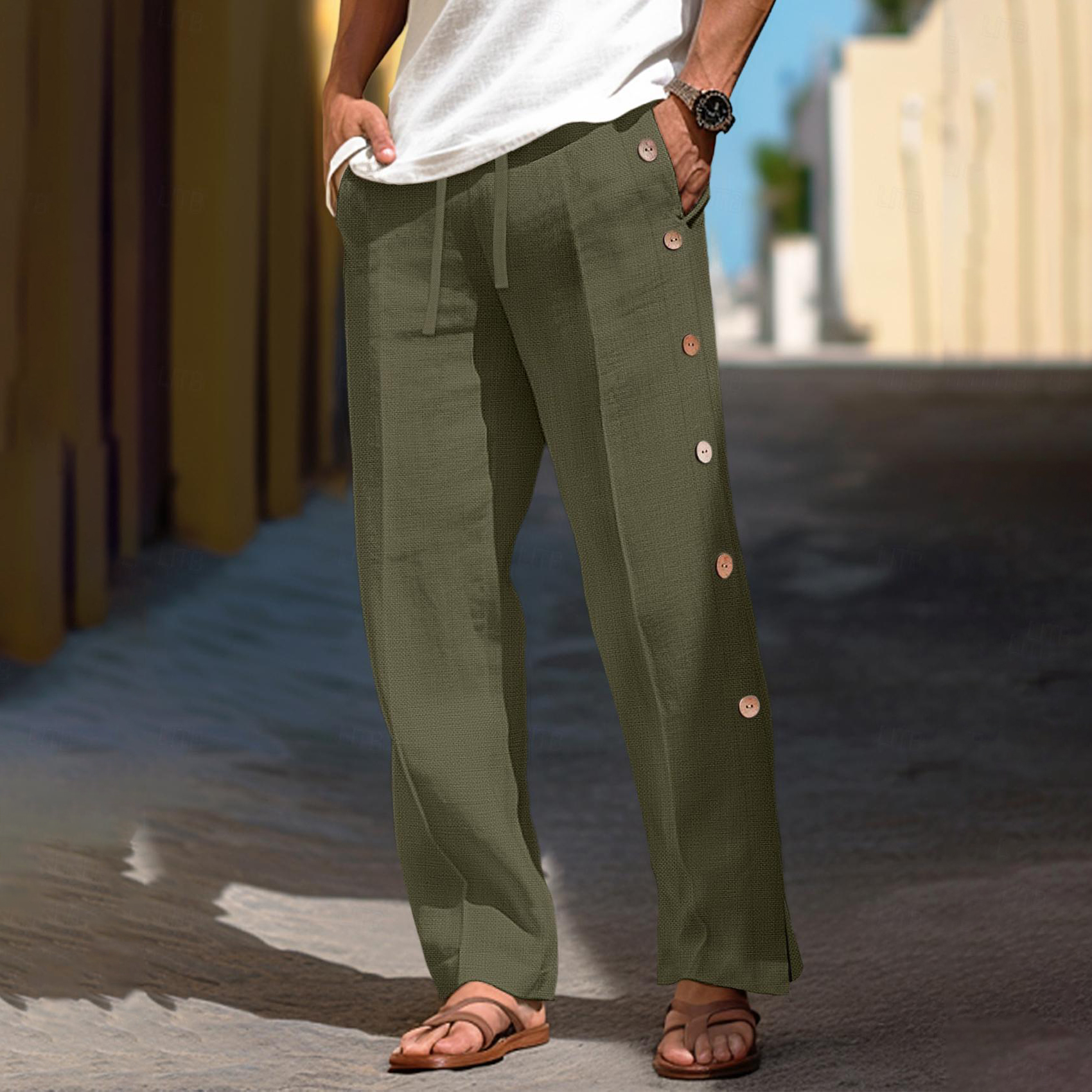 Men's Linen Button Design Straight Leg Drawstring Split Pants
