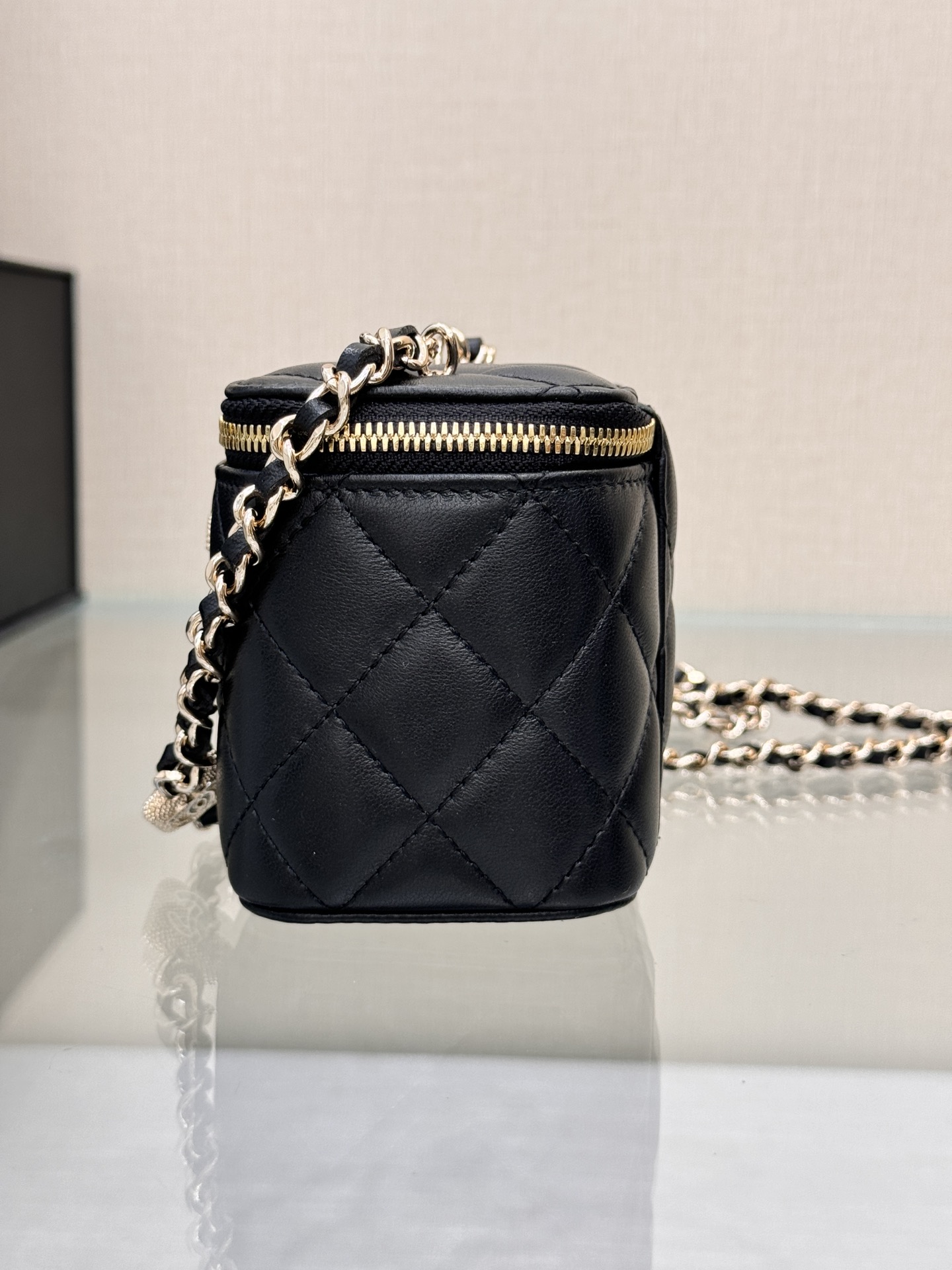 Mini Vanity Case with Chain in Black Quilted Calfskin with Crystal CC Logo & Light Gold-Tone Hardware - Mocuir