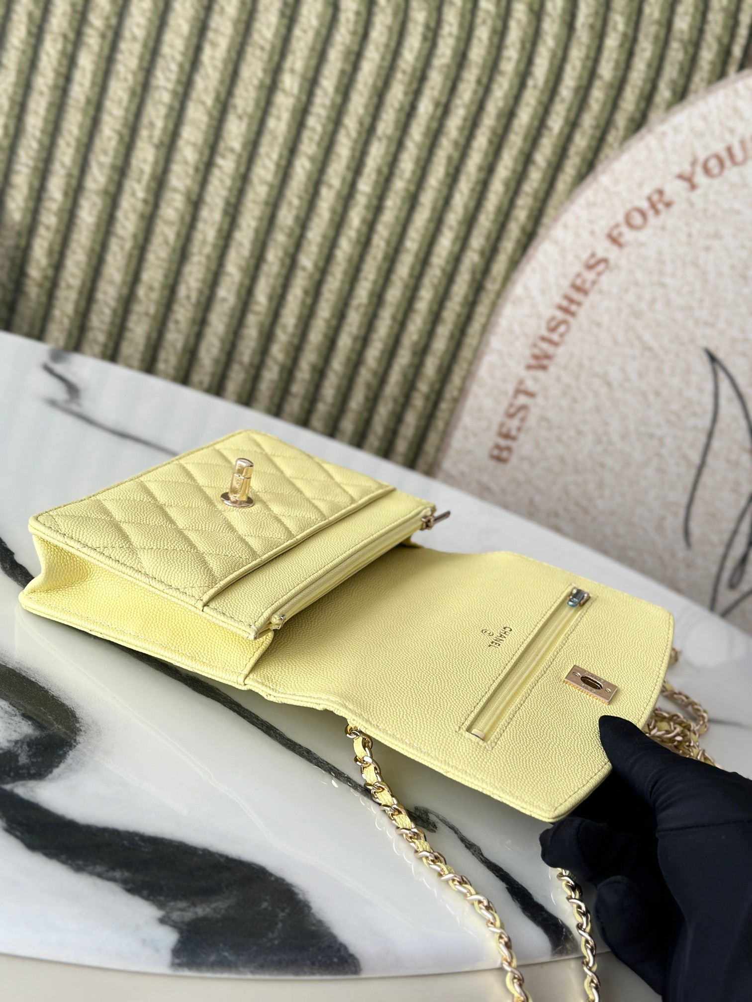 Classic Flap Mini Bag with Top Handle in Lemon Yellow Caviar Leather with Light Gold Hardware (Model AP3341) - Mocuir