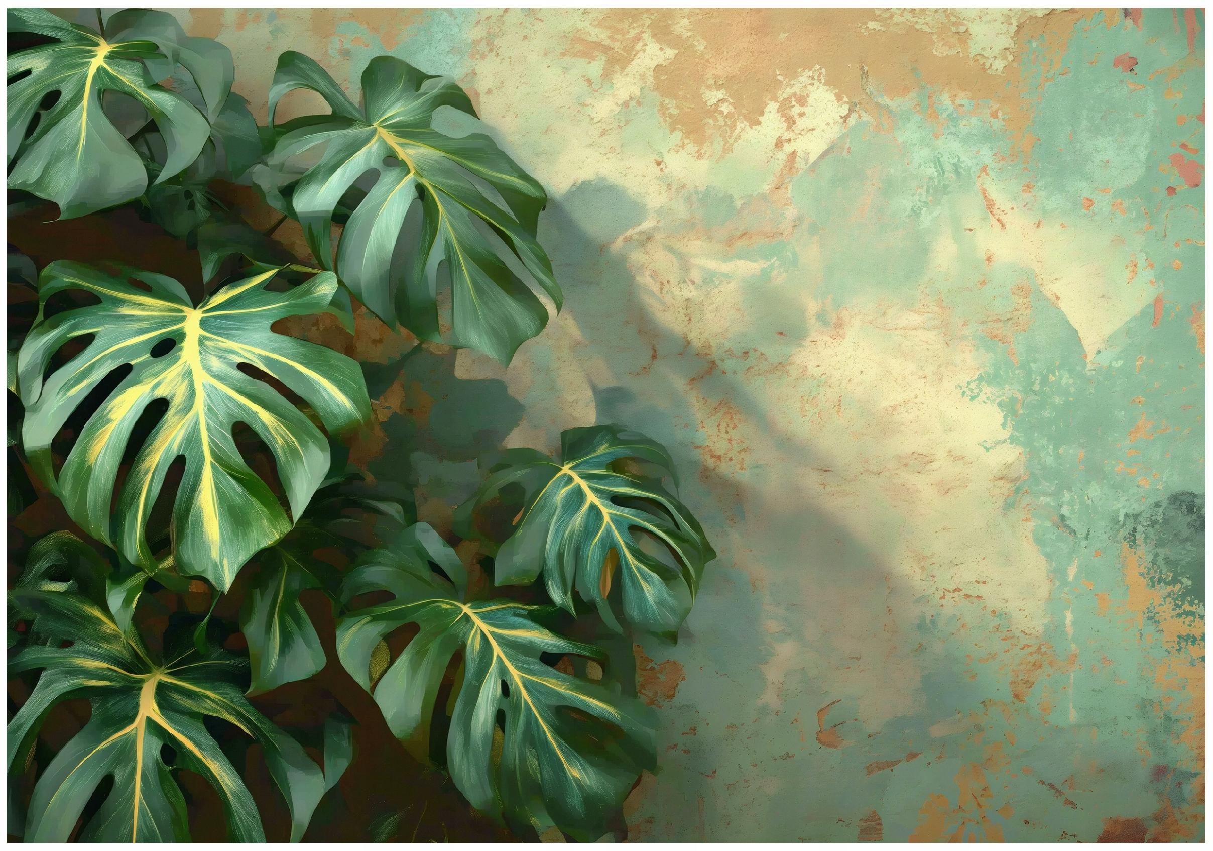 Monstera leaves green concrete wall mural for bedroom or living room,