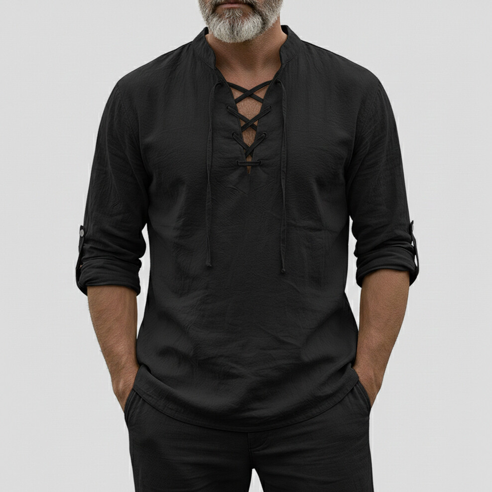 Men's Casual Solid Stand Collar Lace Up Long Sleeve Shirts