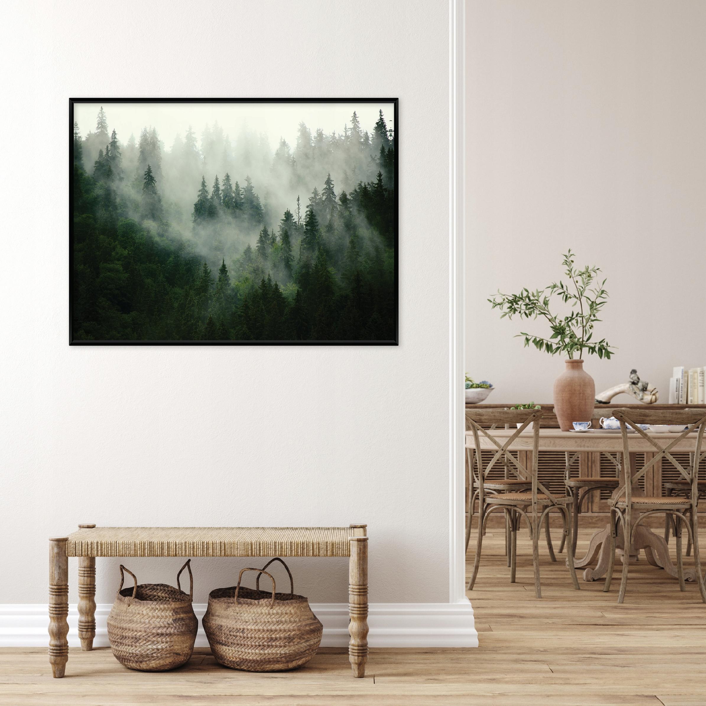 Black-framed canvas painting of a forest in the mist, nature, living room, bedroom, 60x40