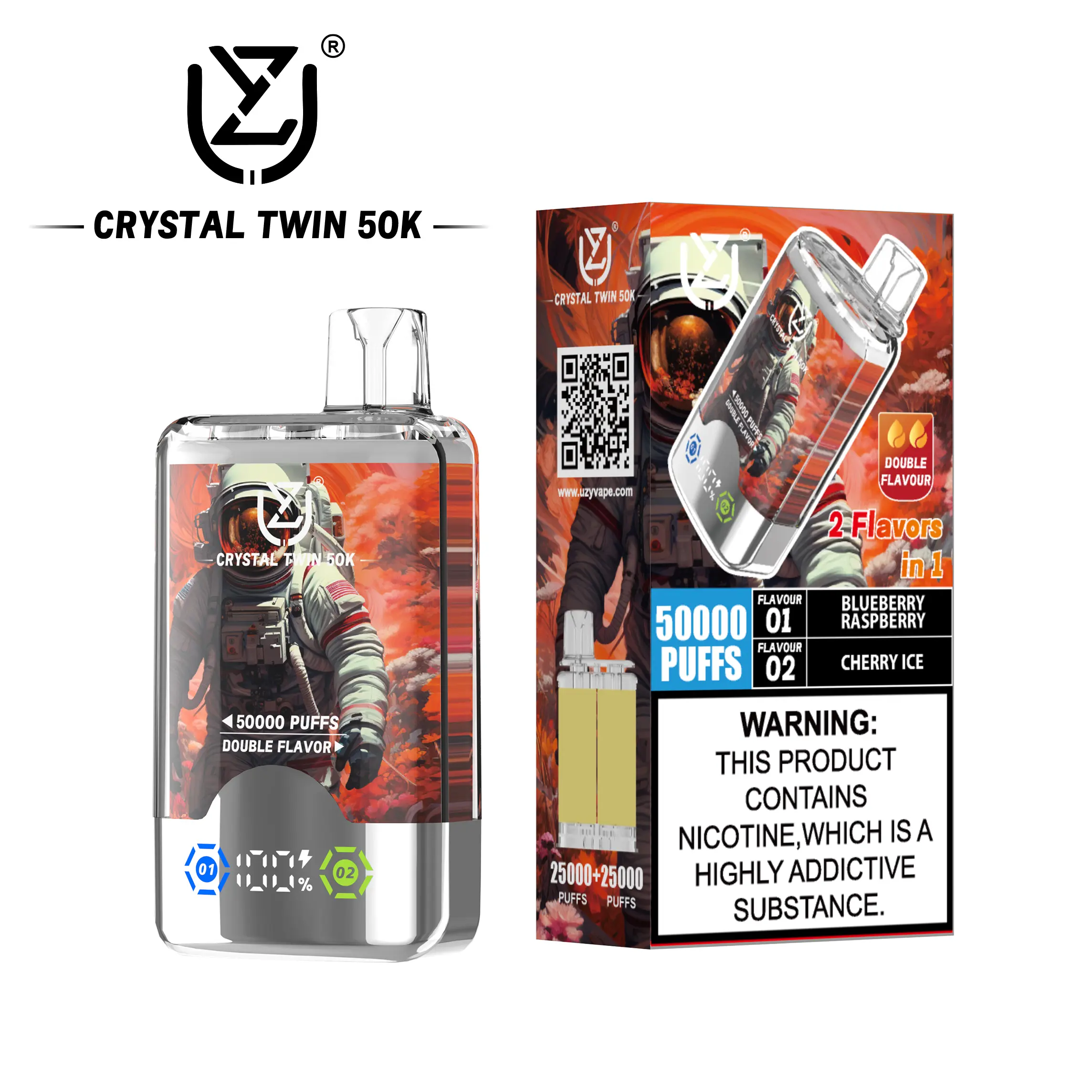 （3 pieces）UZY Crystal Twin 50000 50k Puffs Double Taste LED Display Disposable Vape