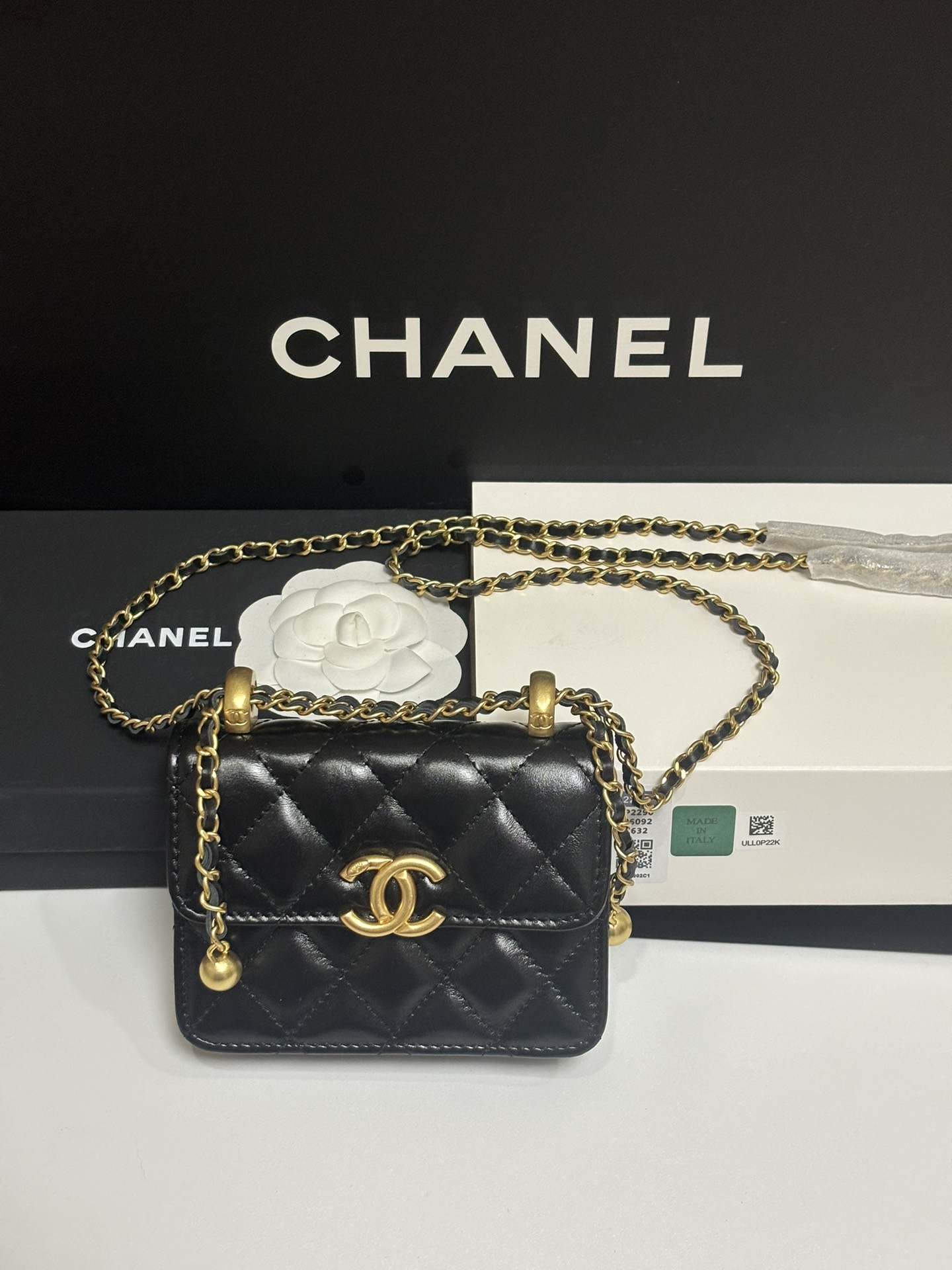 Classic Quilted Lambskin Wallet on Chain with Gold Ball in Black (Gold Hardware) - Mocuir