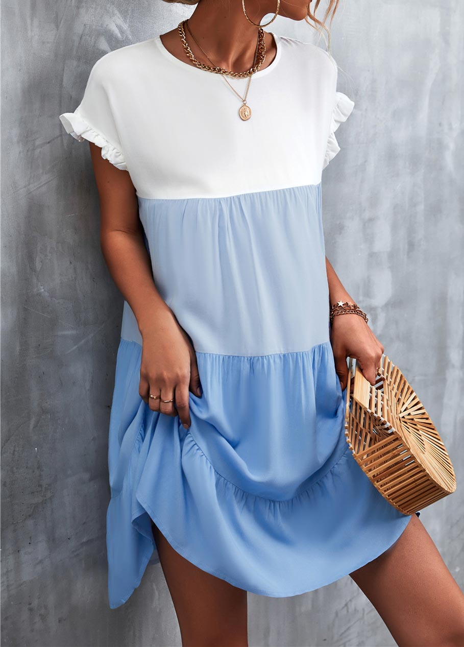 Contrast Short Sleeve Round Neck Dress