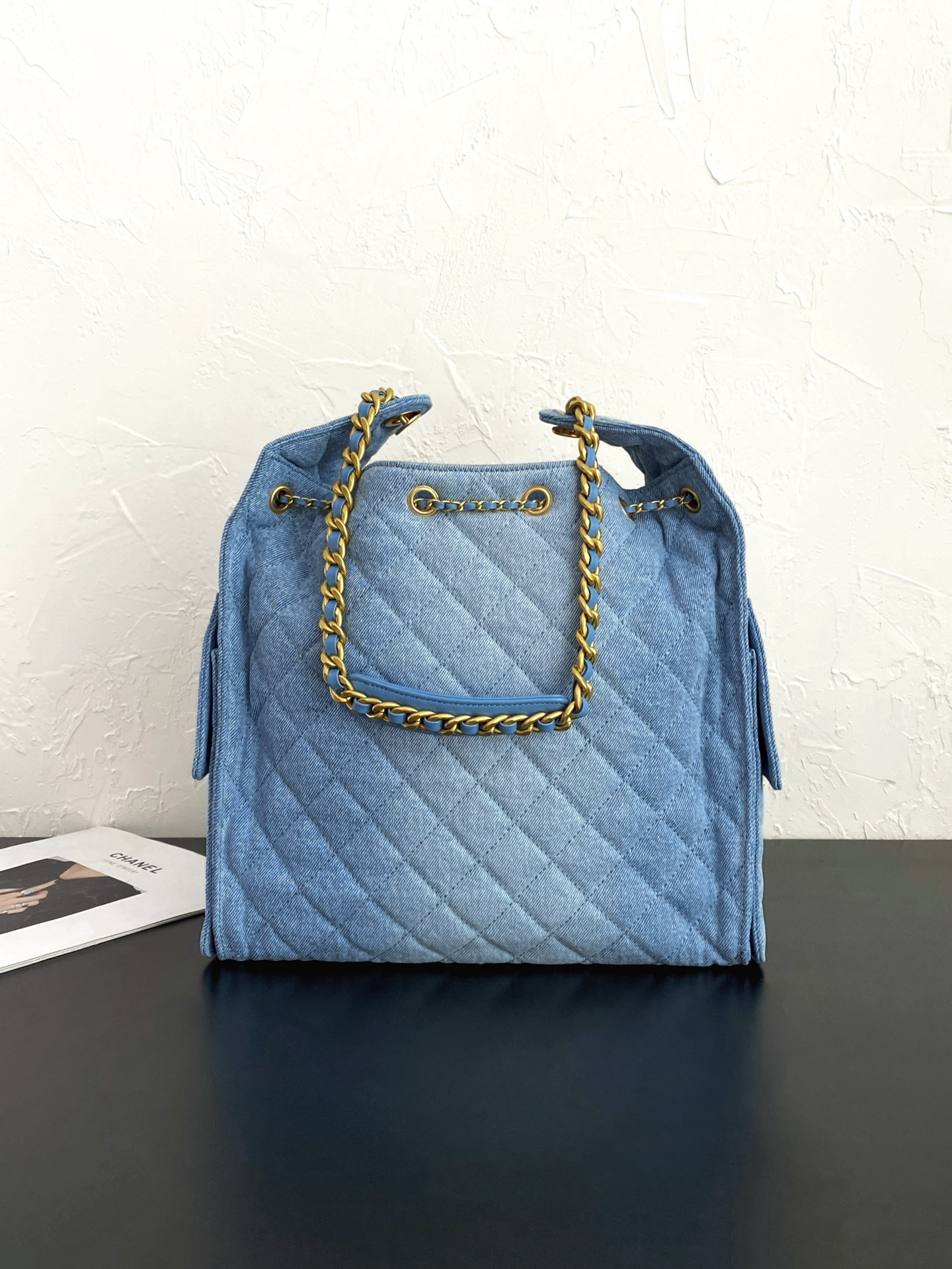 25C Small Hobo Bag in Light Blue Washed Denim with Antique Gold Hardware - Mocuir