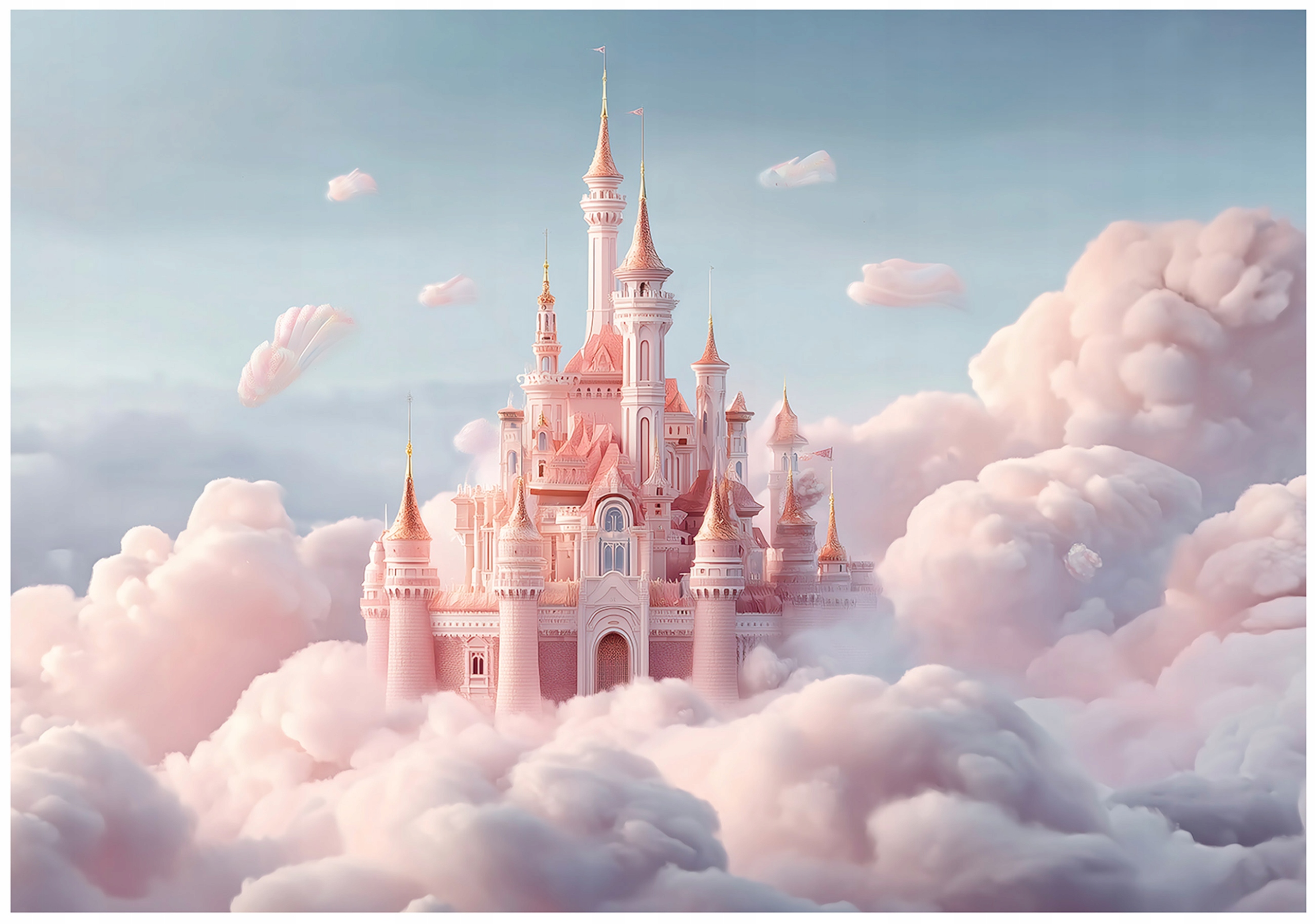 Children's wall mural: fairy-tale castle with clouds for a girl's room,