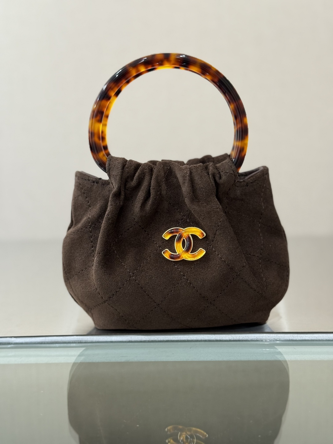 26C Croisière Small Hobo Bag (Mini Drawstring Lucky Bag) in Brown Suede Calfskin with Tortoiseshell Plexi Handle & Gold Hardware (Model AS6022) - Mocuir