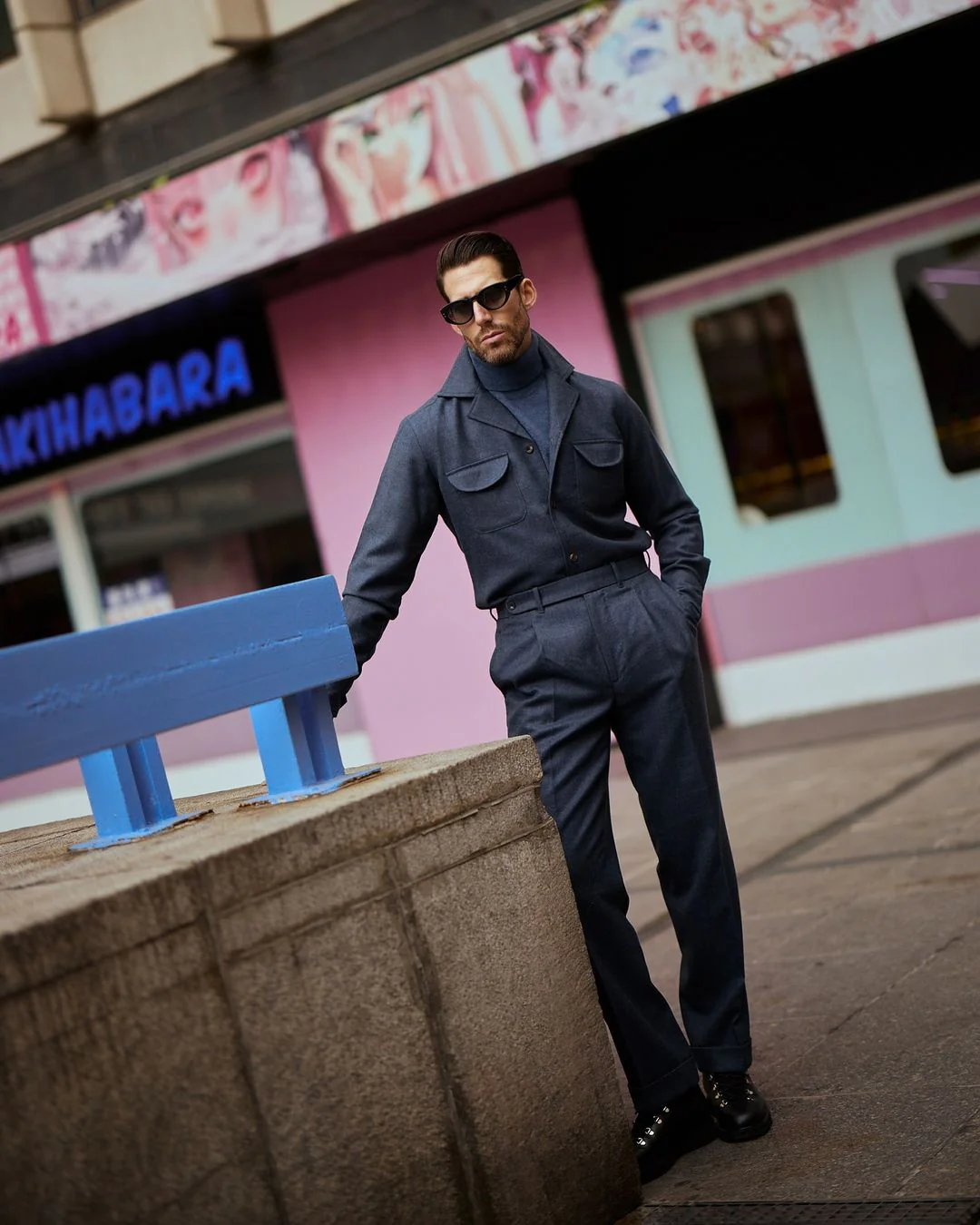 Navy Blue Wool Flannel High Rise Dress Pant