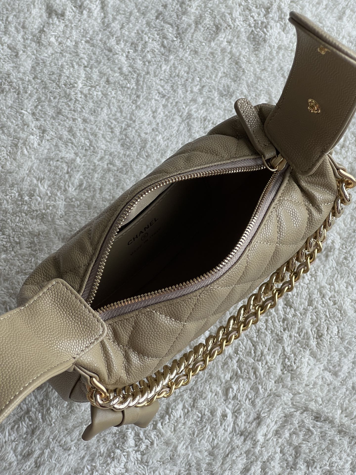 24S Half Moon Hula Hoop Bag in Dark Beige Quilted Caviar Leather with Light Gold-Tone Hardware and Bow Detail - Mocuir