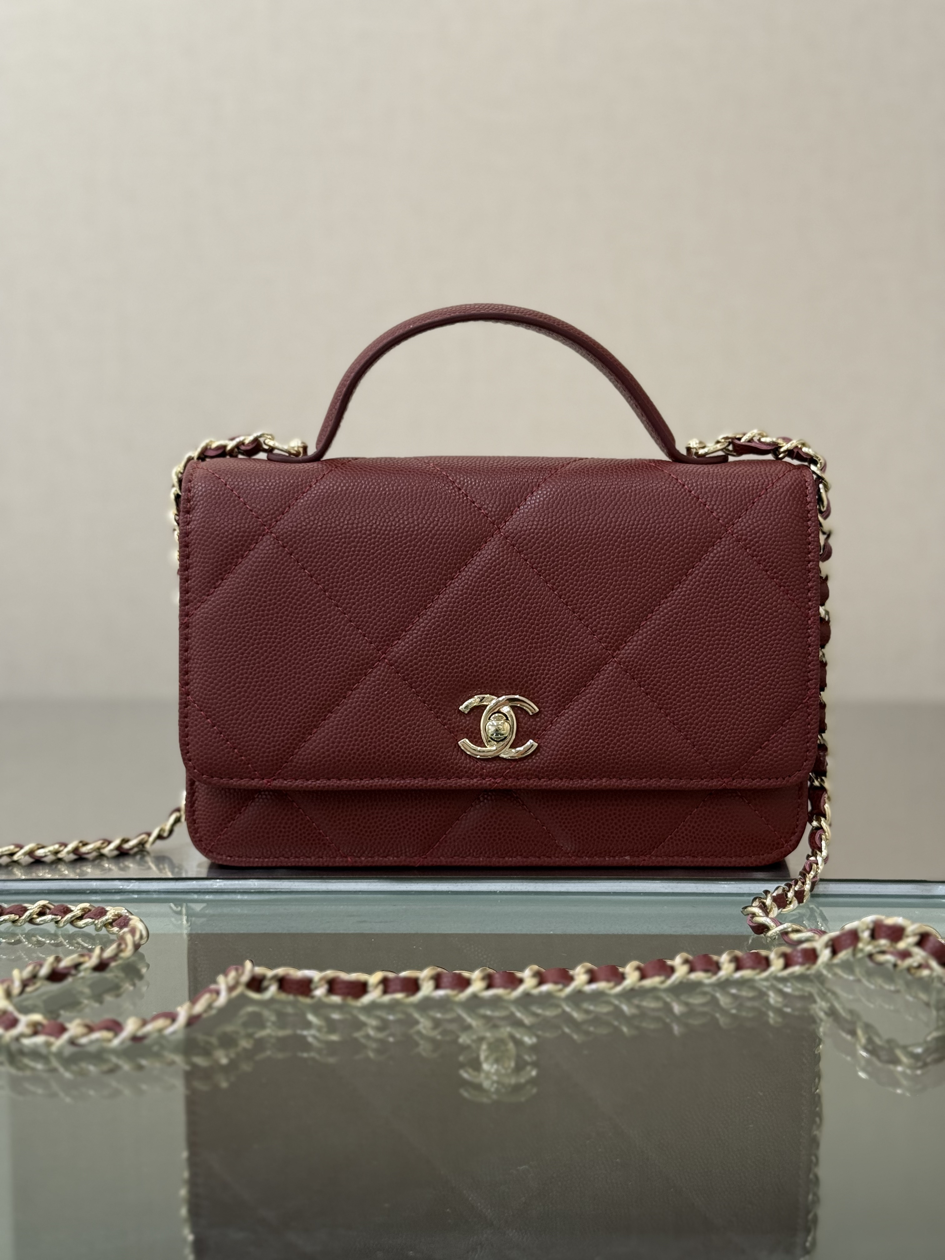 Classic Wallet On Chain with Top Handle（Burgundy） - Mocuir