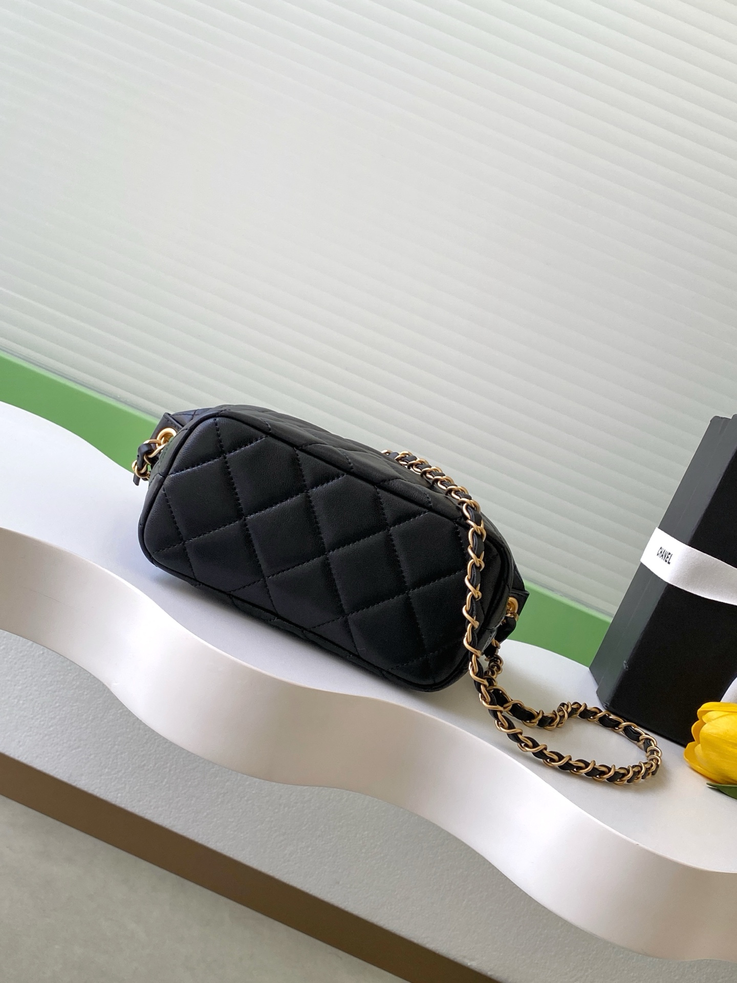 Quilted Lambskin Hobo Bag with Pearl Chain in Black (Gold Hardware) - Mocuir